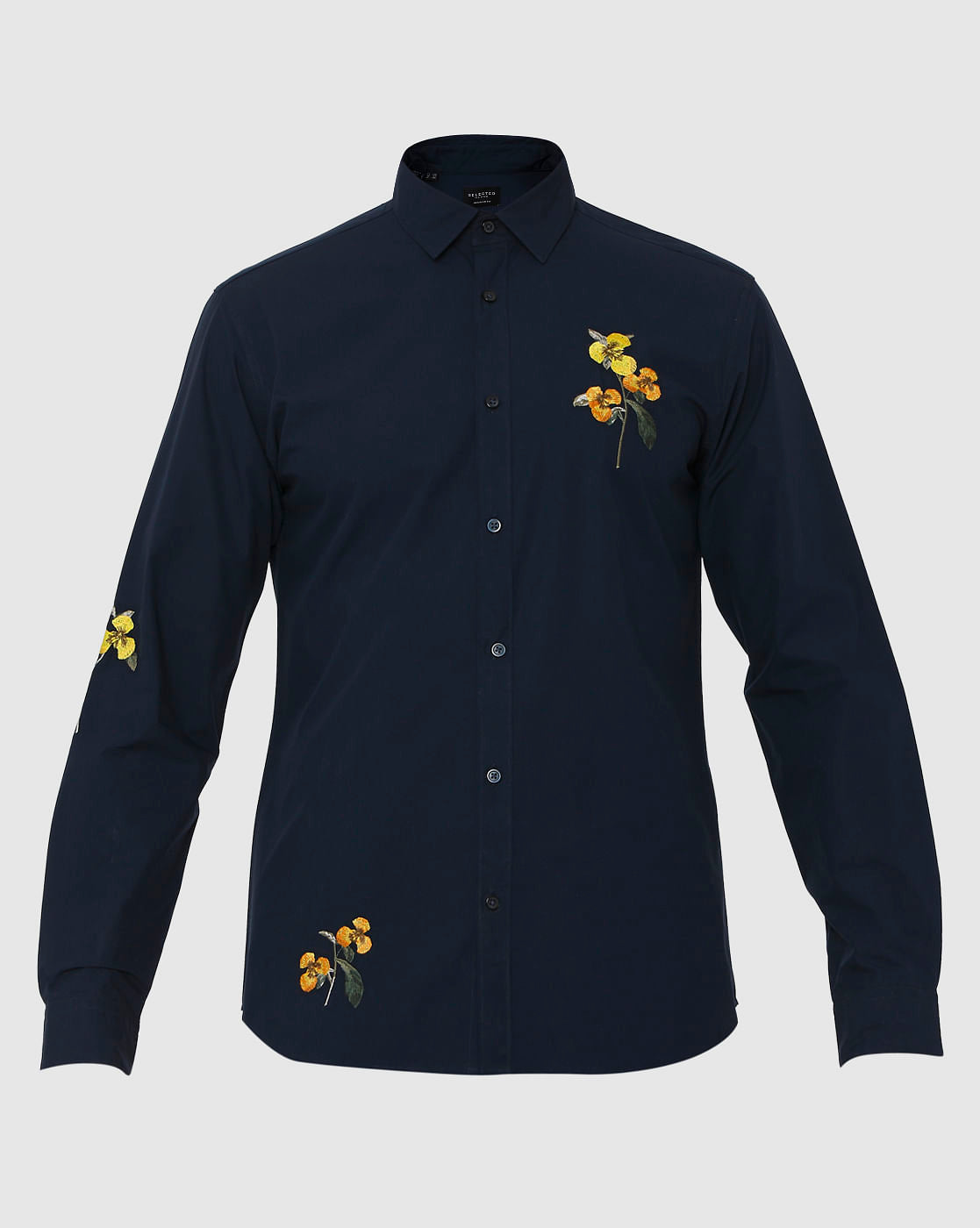 Blue Floral Embroidered Full Sleeves Shirt