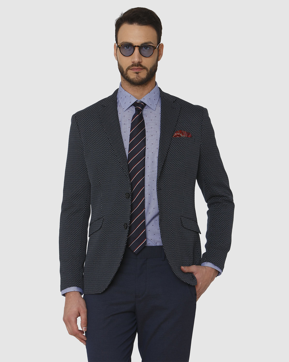 Blue All Over Dotted Print Regular Fit Full Sleeves Formal Shirt