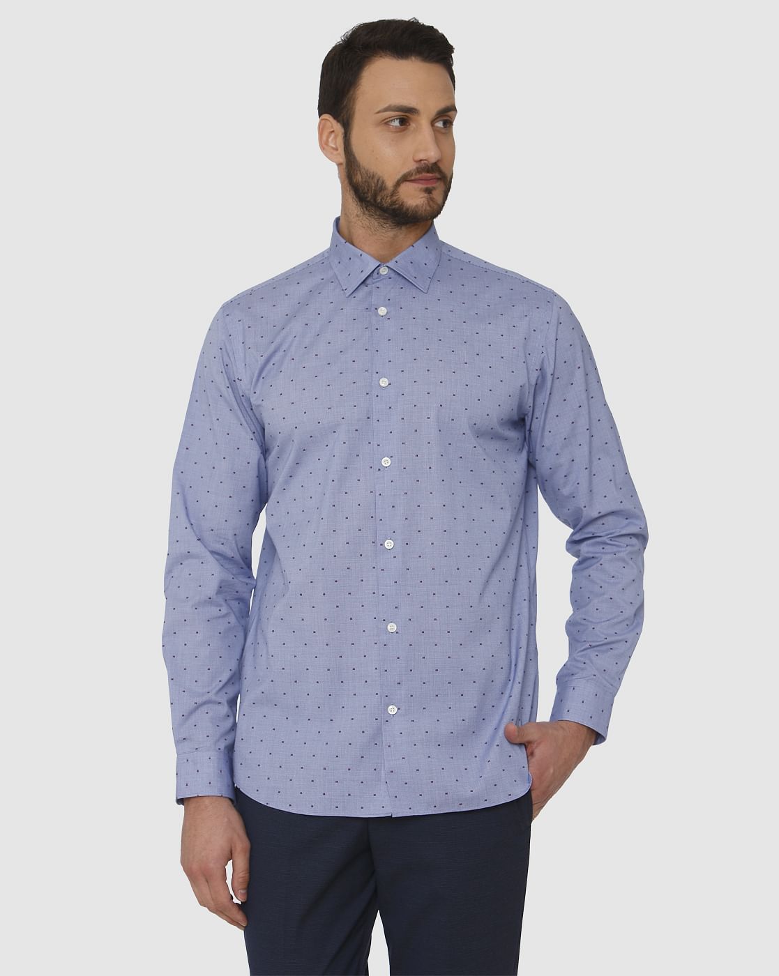 Blue All Over Dotted Print Regular Fit Full Sleeves Formal Shirt