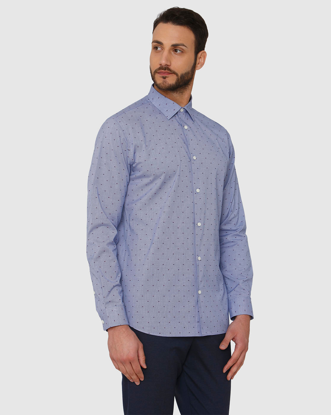 Blue All Over Dotted Print Regular Fit Full Sleeves Formal Shirt