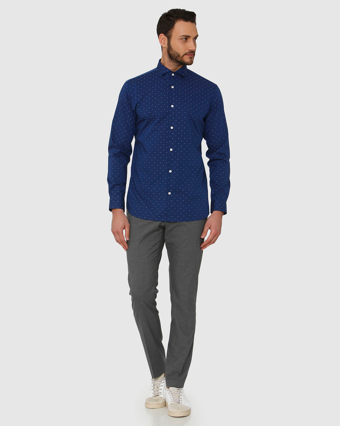 Blue All Over Dotted Print Regular Fit Full Sleeves Shirt