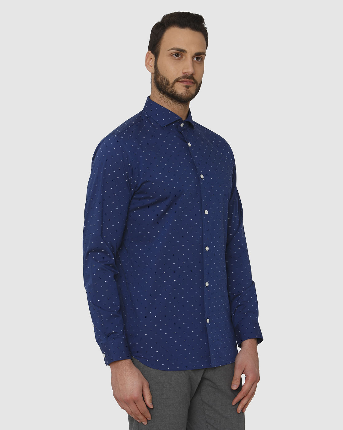 Blue All Over Dotted Print Regular Fit Full Sleeves Shirt