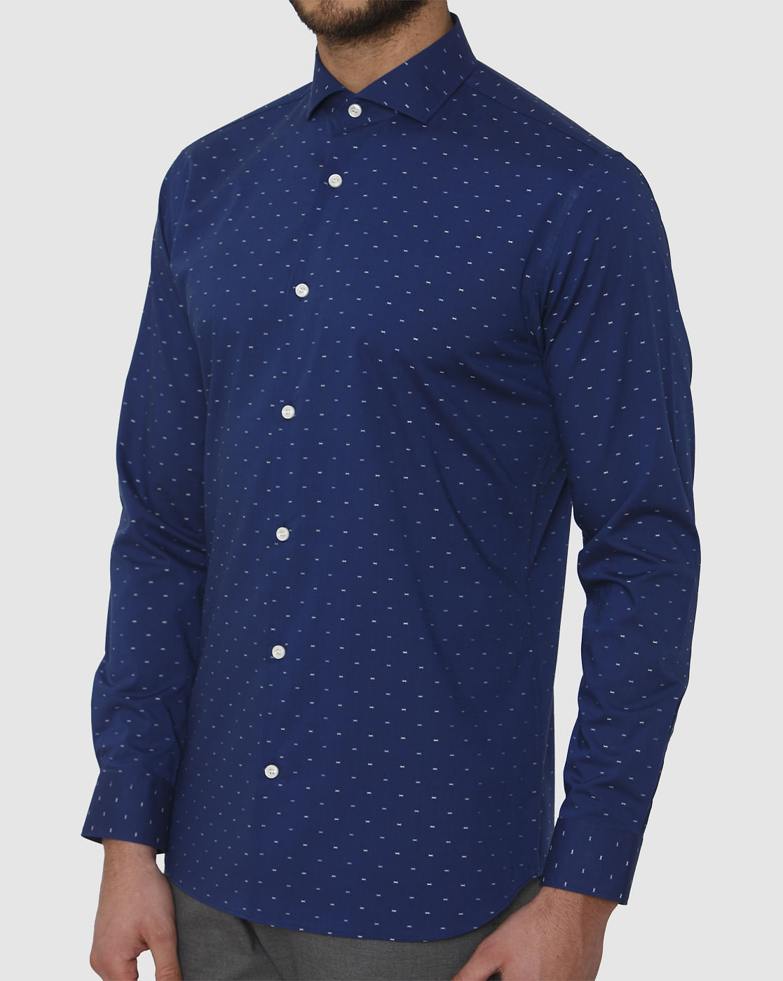 Blue All Over Dotted Print Regular Fit Full Sleeves Shirt