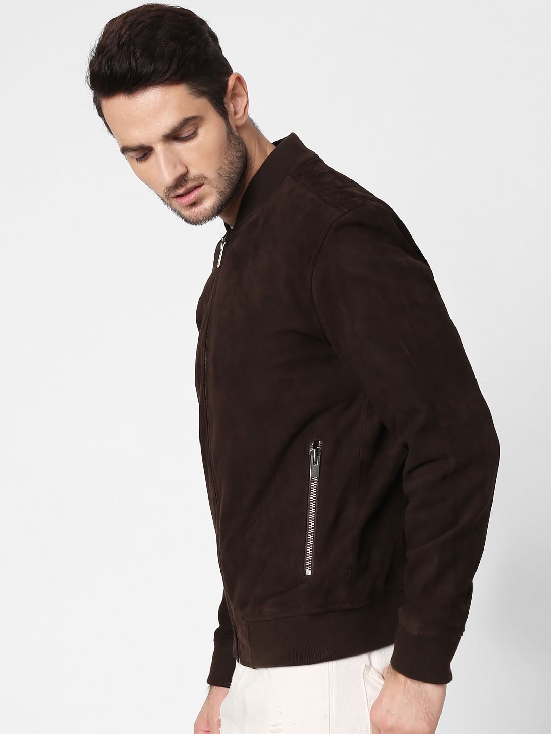 Dark Brown Suede Bomber Jacket