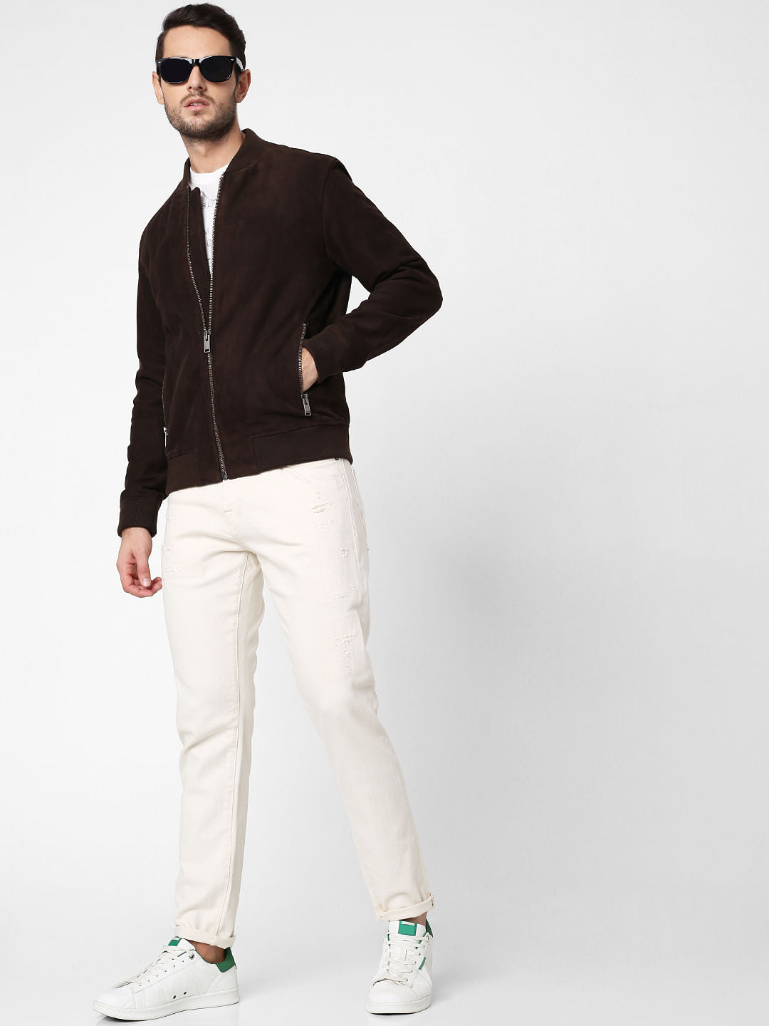 Dark Brown Suede Bomber Jacket