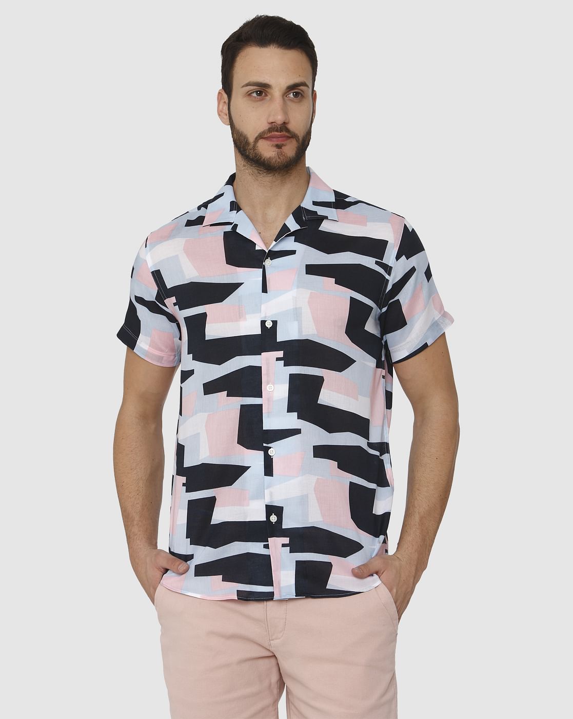 White Abstract Print Short Sleeves Shirt