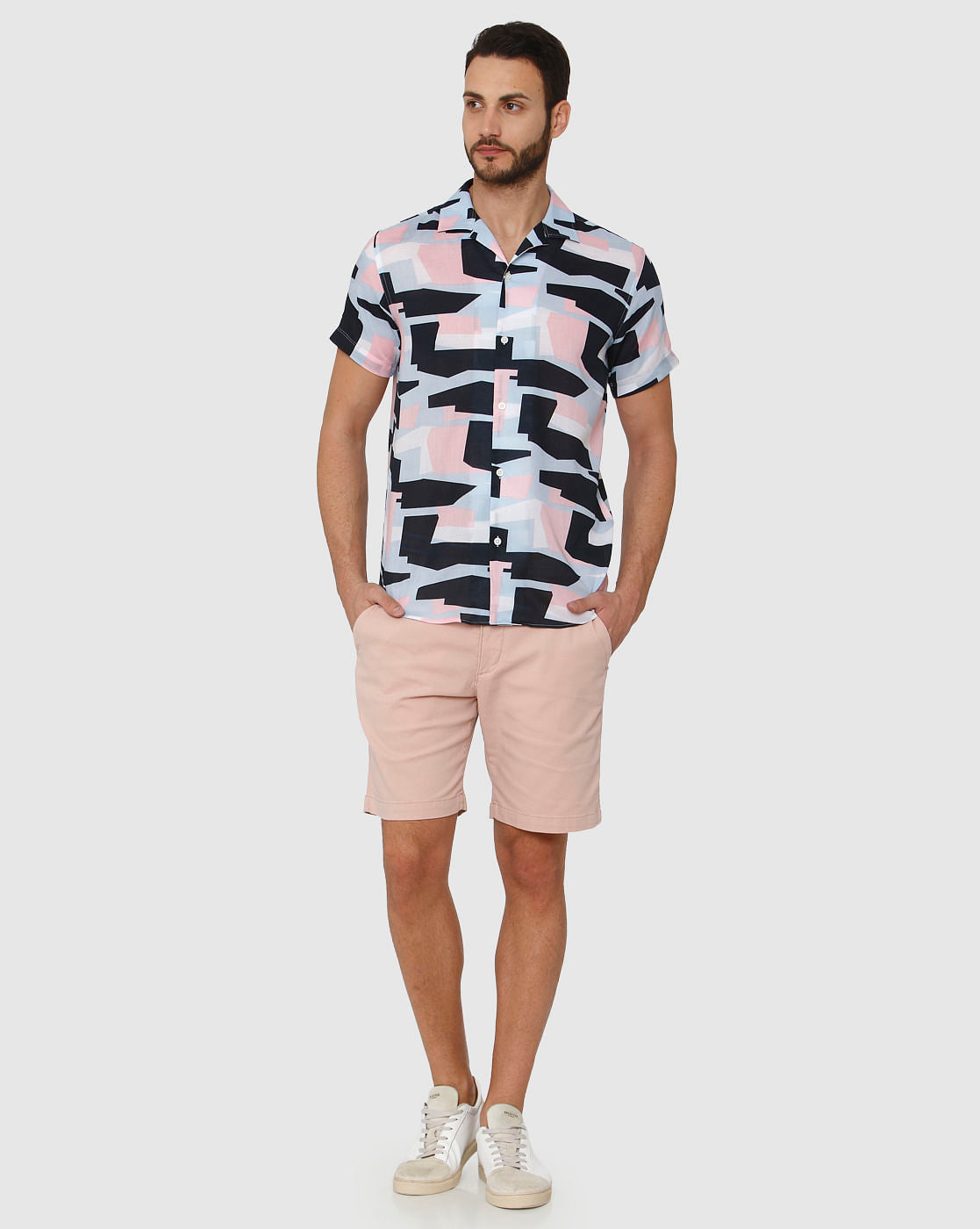 White Abstract Print Short Sleeves Shirt