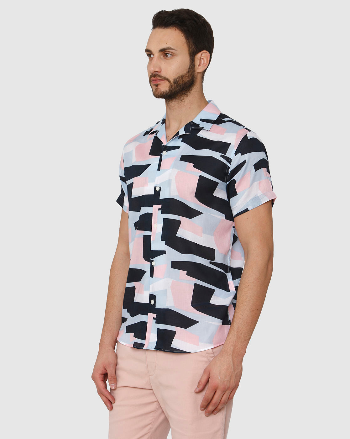 White Abstract Print Short Sleeves Shirt