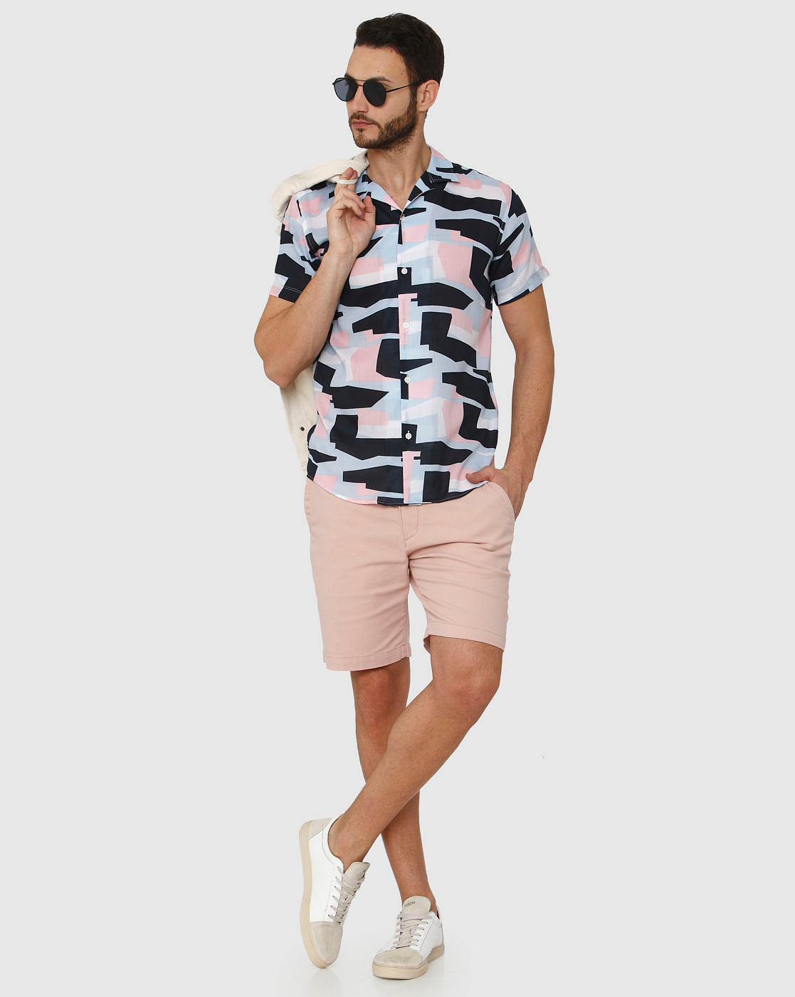 White Abstract Print Short Sleeves Shirt