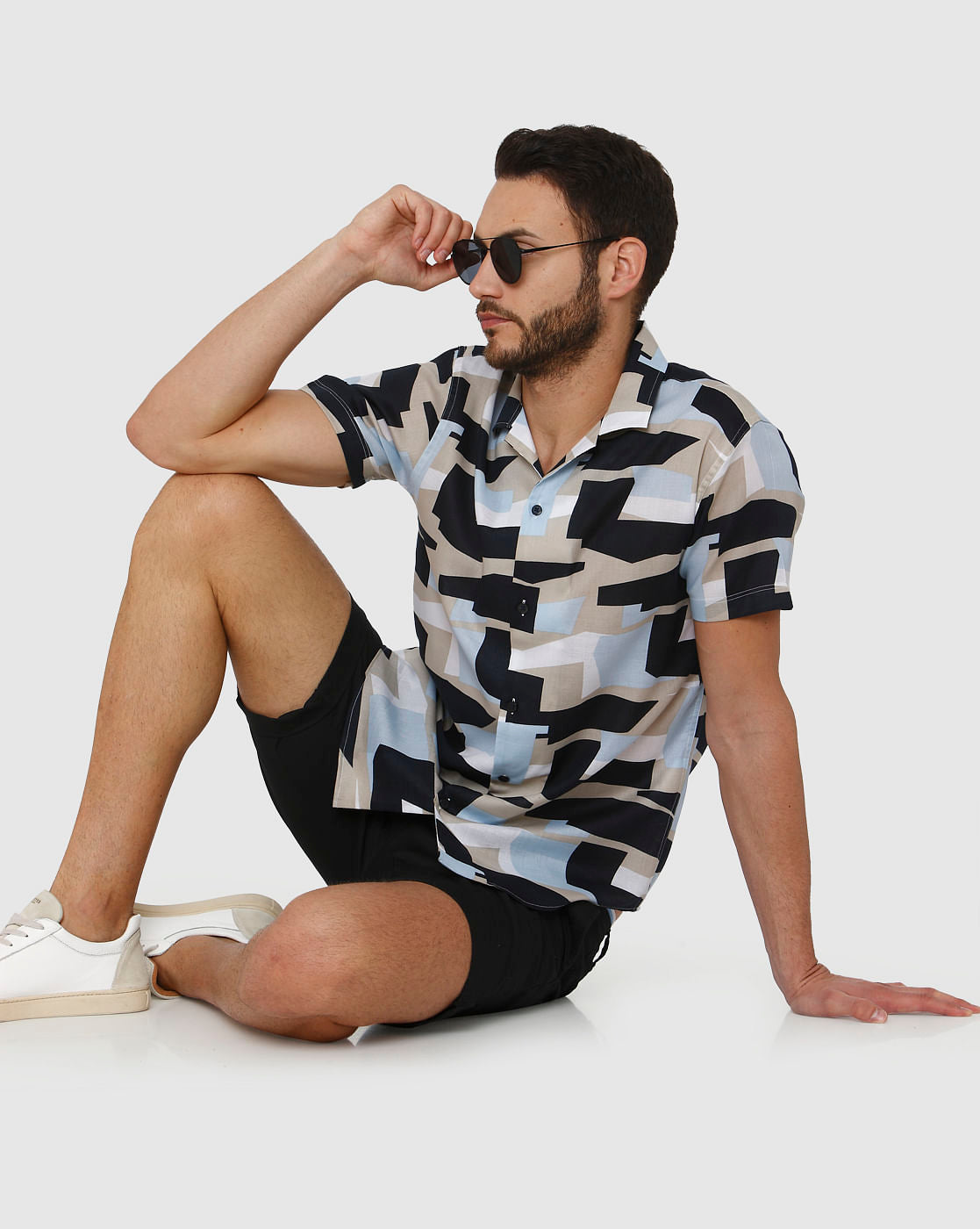 Blue Abstract Print Short Sleeves Shirt