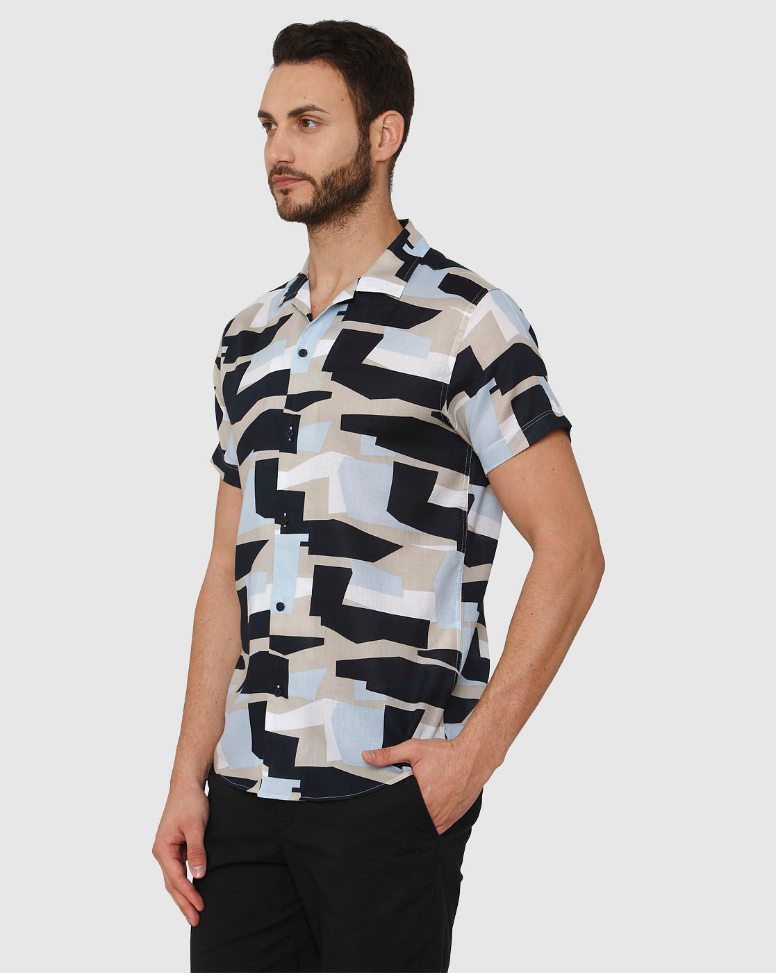Blue Abstract Print Short Sleeves Shirt