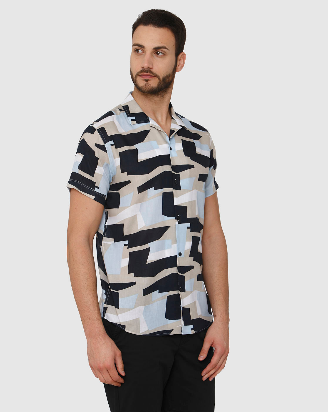 Blue Abstract Print Short Sleeves Shirt