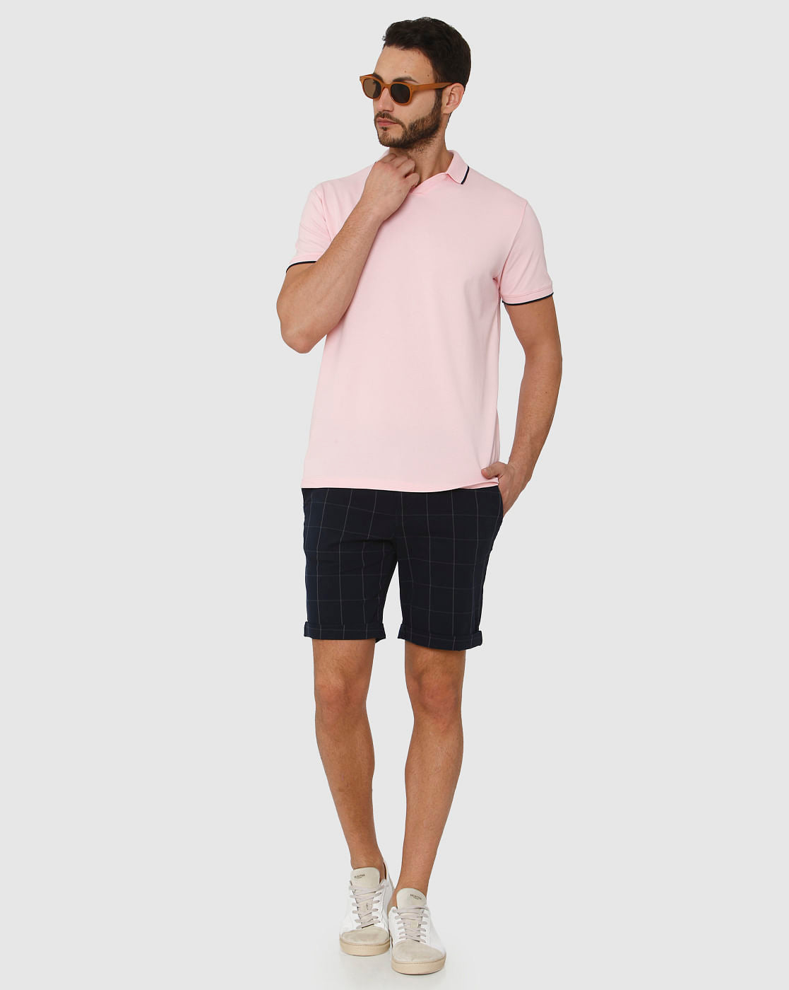 Pink Contrast Tipping Polo Neck T-Shirt