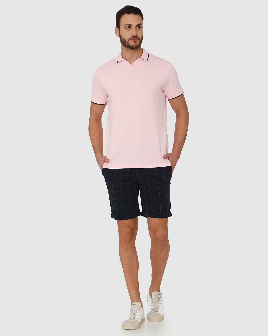 Pink Contrast Tipping Polo Neck T-Shirt
