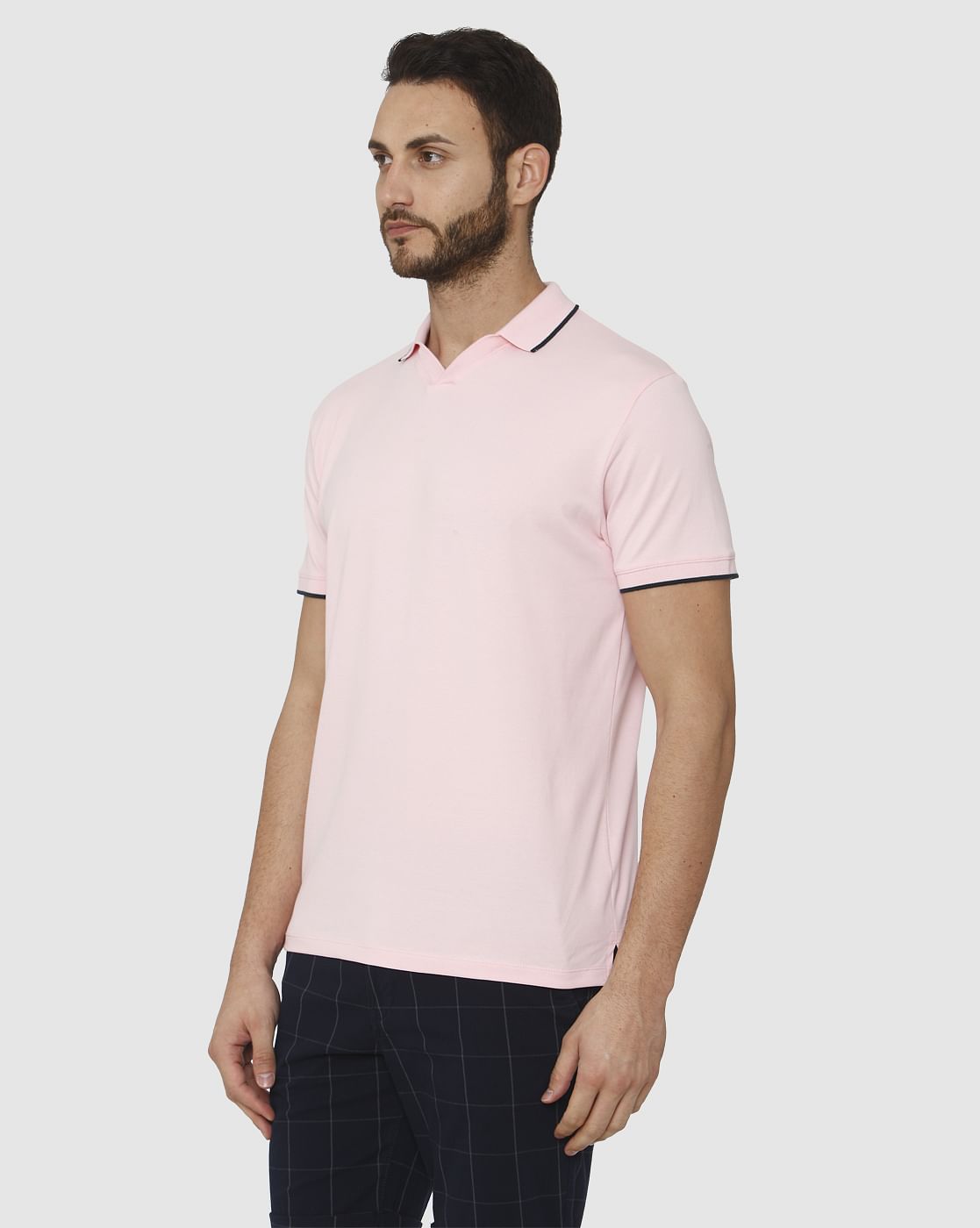 Pink Contrast Tipping Polo Neck T-Shirt