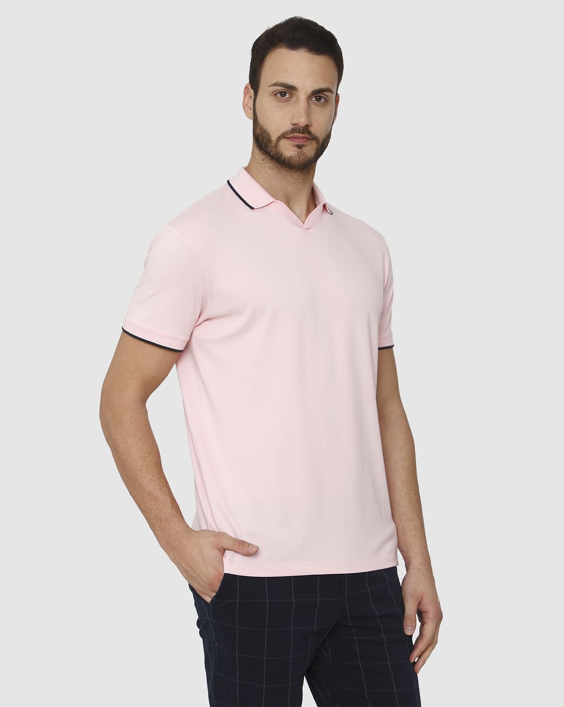 Pink Contrast Tipping Polo Neck T-Shirt