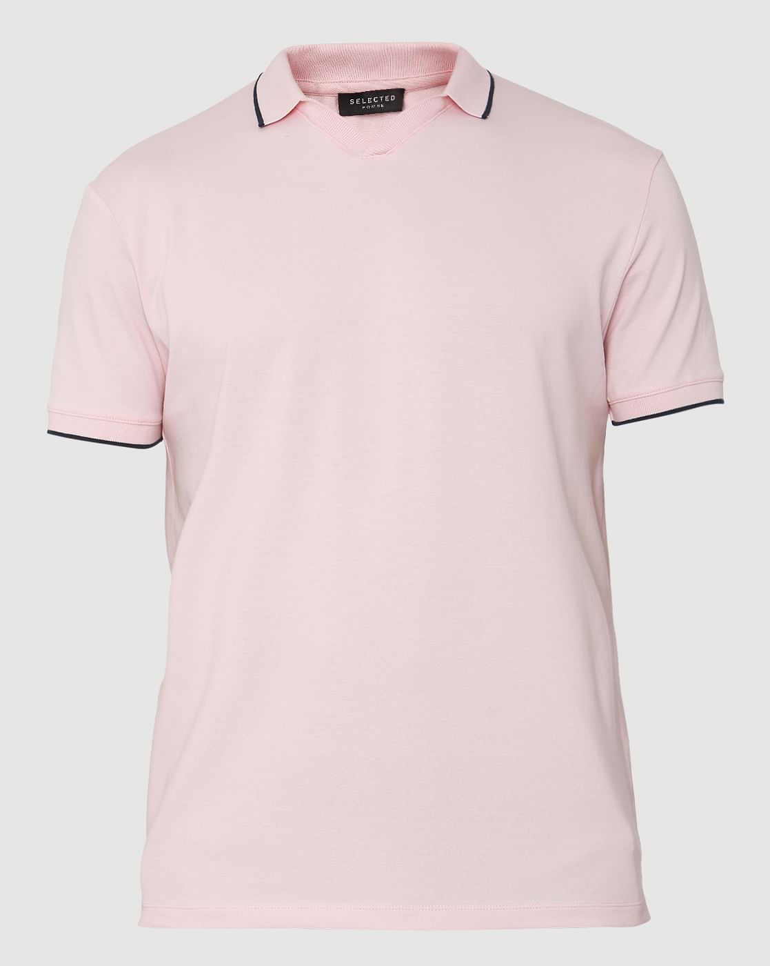 Pink Contrast Tipping Polo Neck T-Shirt