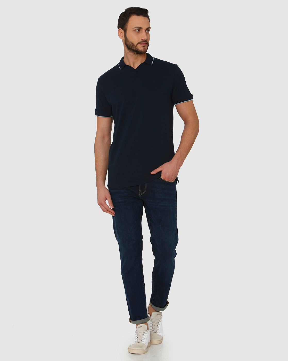 Blue Contrast Tipping Polo Neck T-Shirt