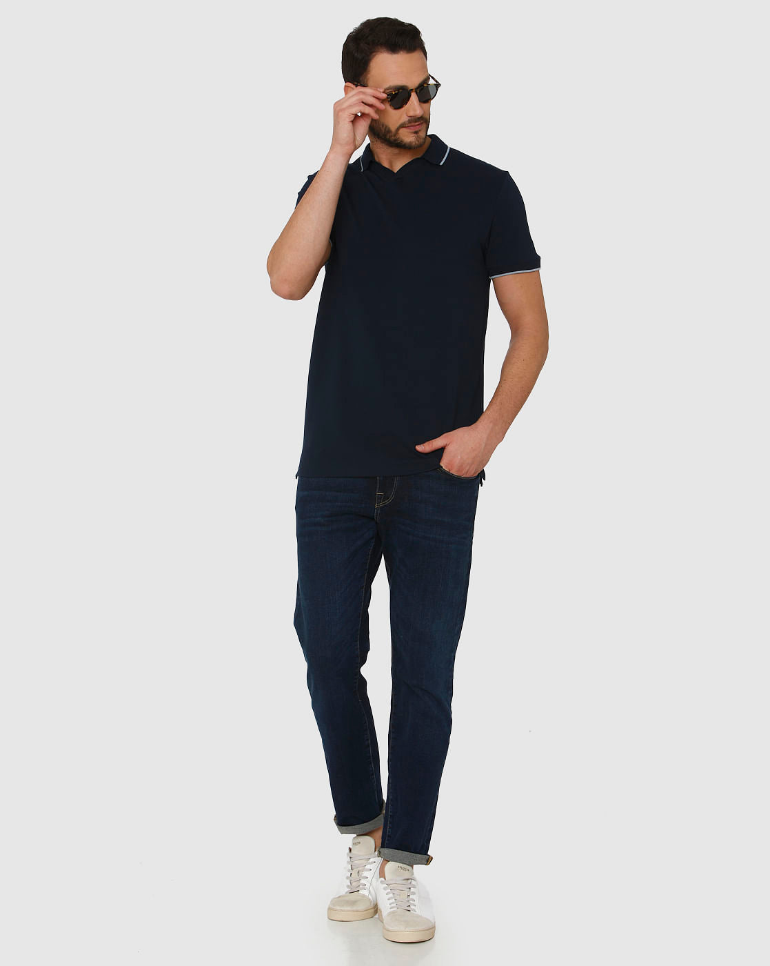 Blue Contrast Tipping Polo Neck T-Shirt