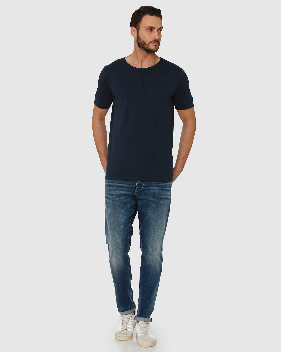 Navy Blue Henley Neck T-Shirt
