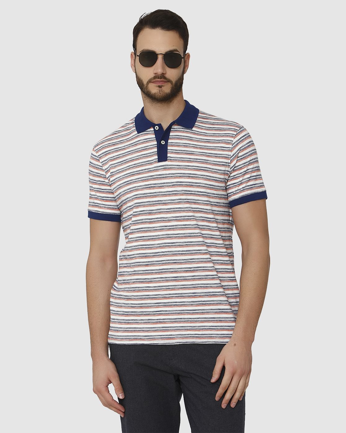 White Striped Contrast Tipping Polo Neck T-Shirt