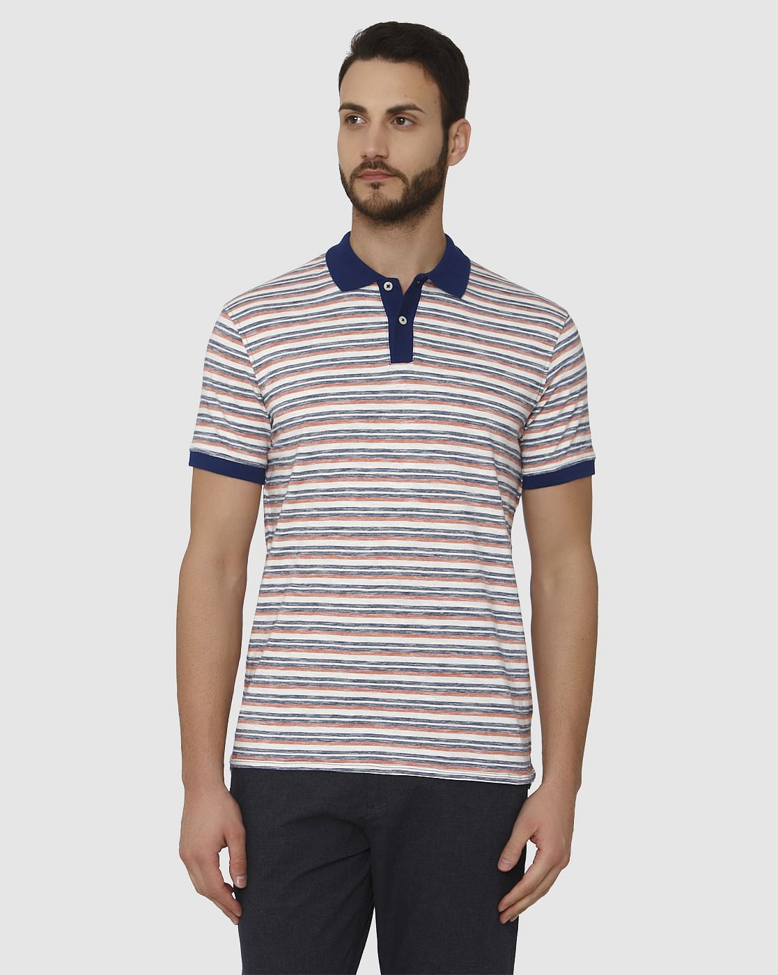 White Striped Contrast Tipping Polo Neck T-Shirt