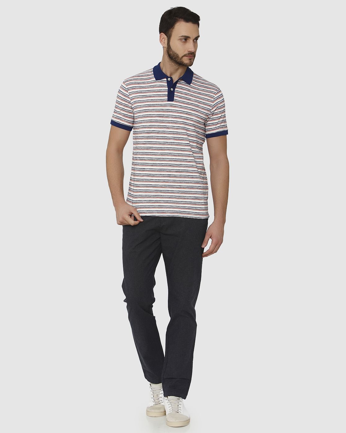 White Striped Contrast Tipping Polo Neck T-Shirt