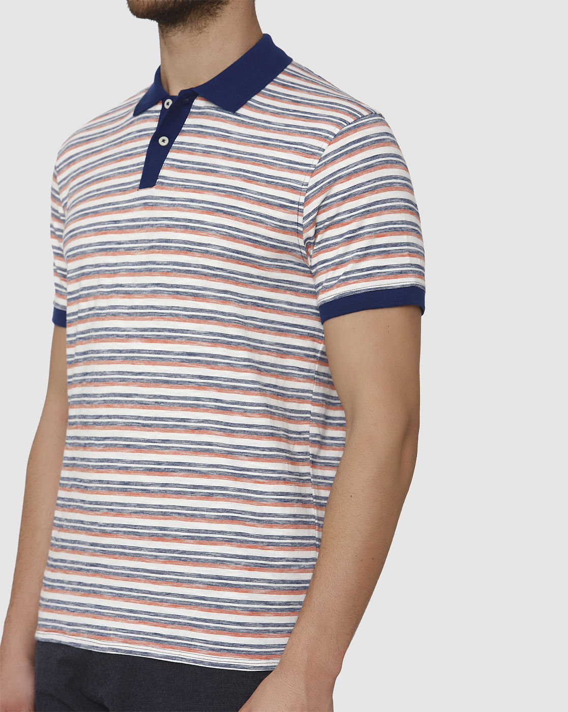 White Striped Contrast Tipping Polo Neck T-Shirt