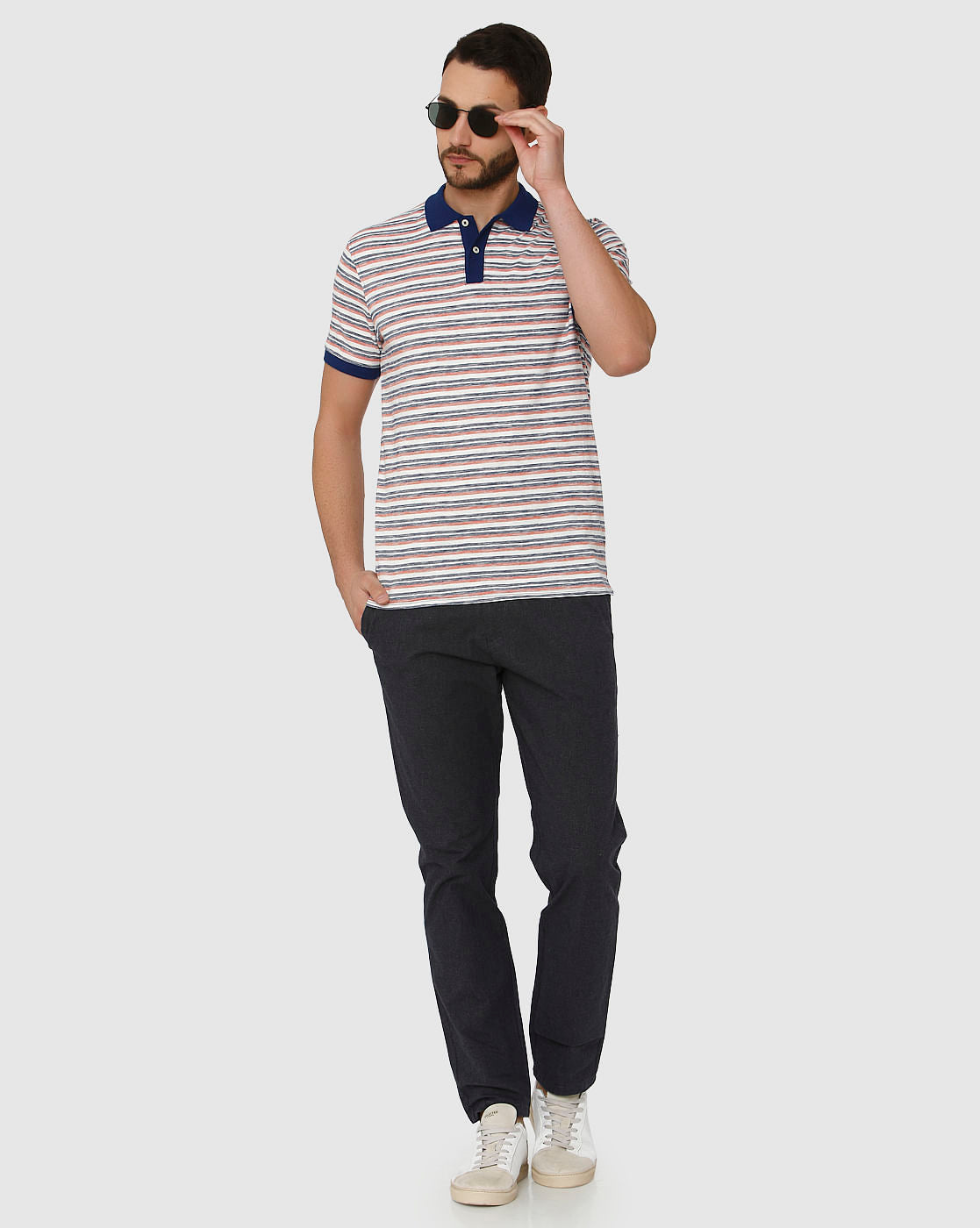 White Striped Contrast Tipping Polo Neck T-Shirt