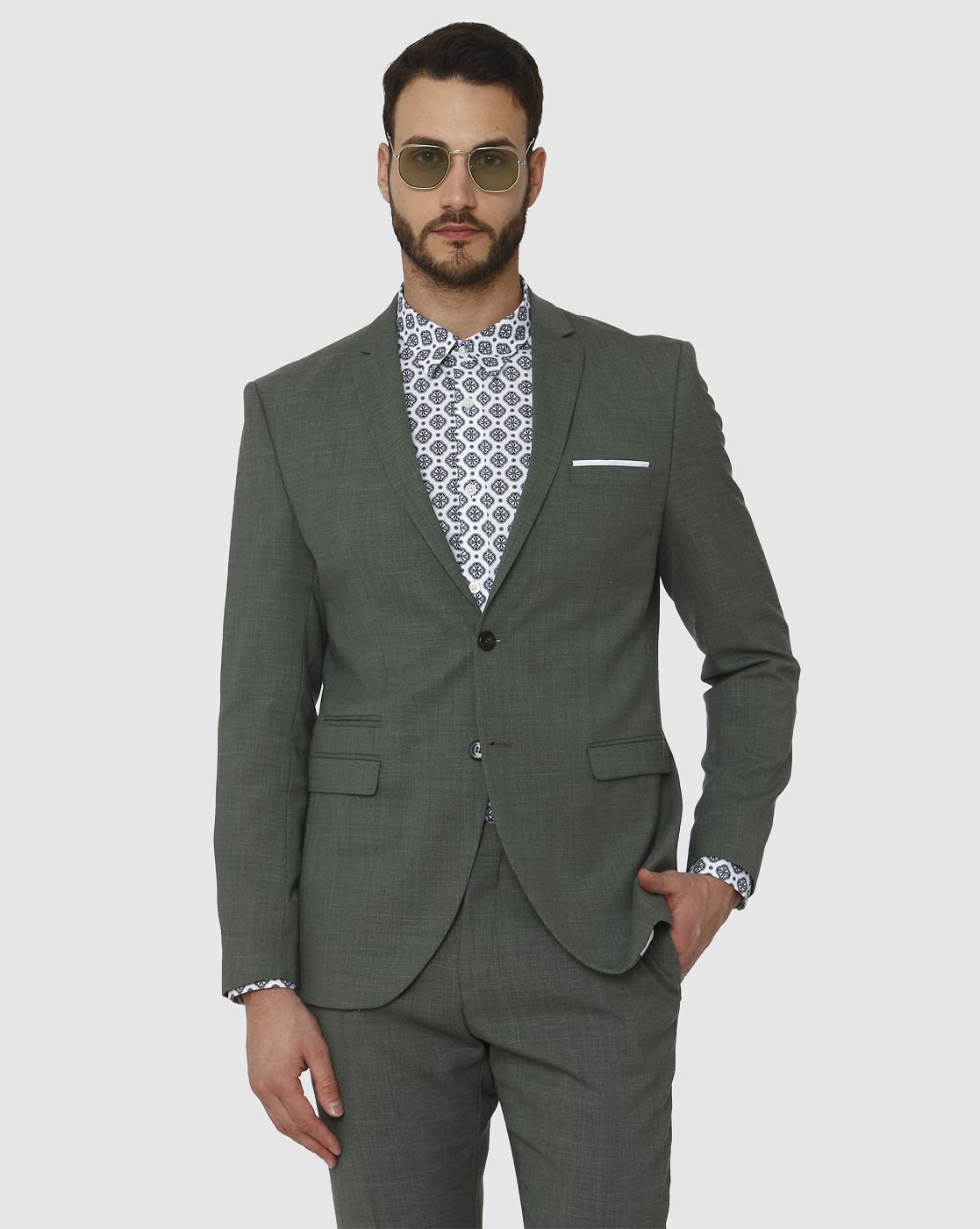 Green Double Button Slim Fit Formal Blazer