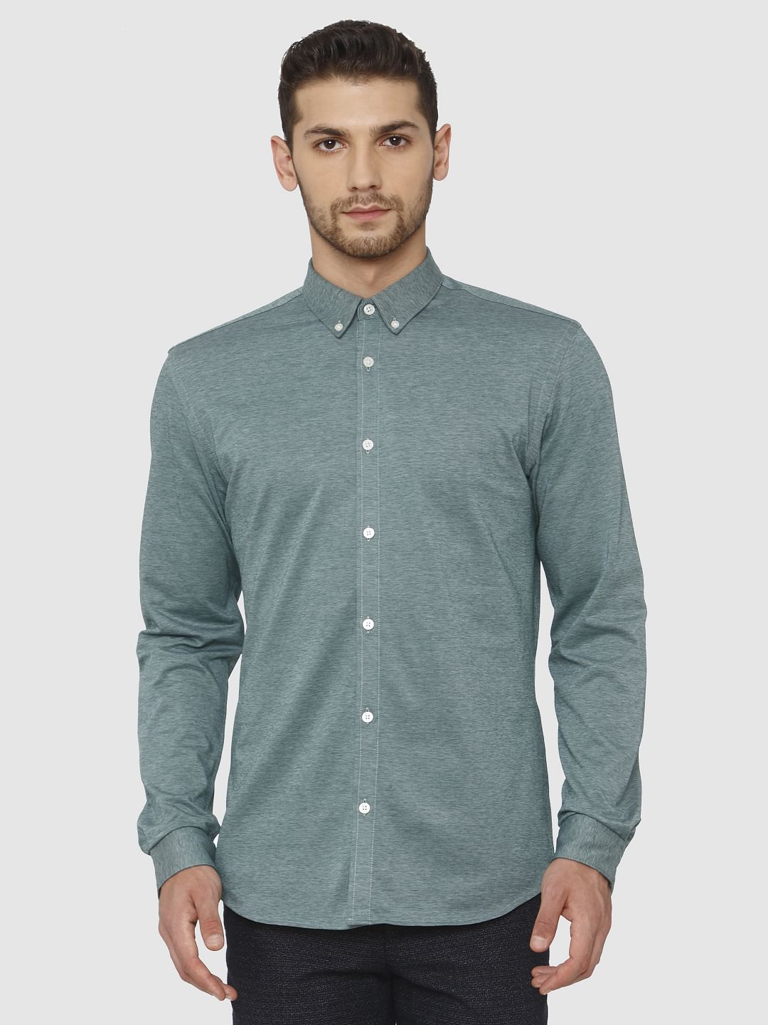 Green Self Design Full Sleeves Shirt