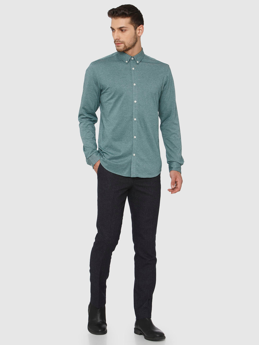 Green Self Design Full Sleeves Shirt