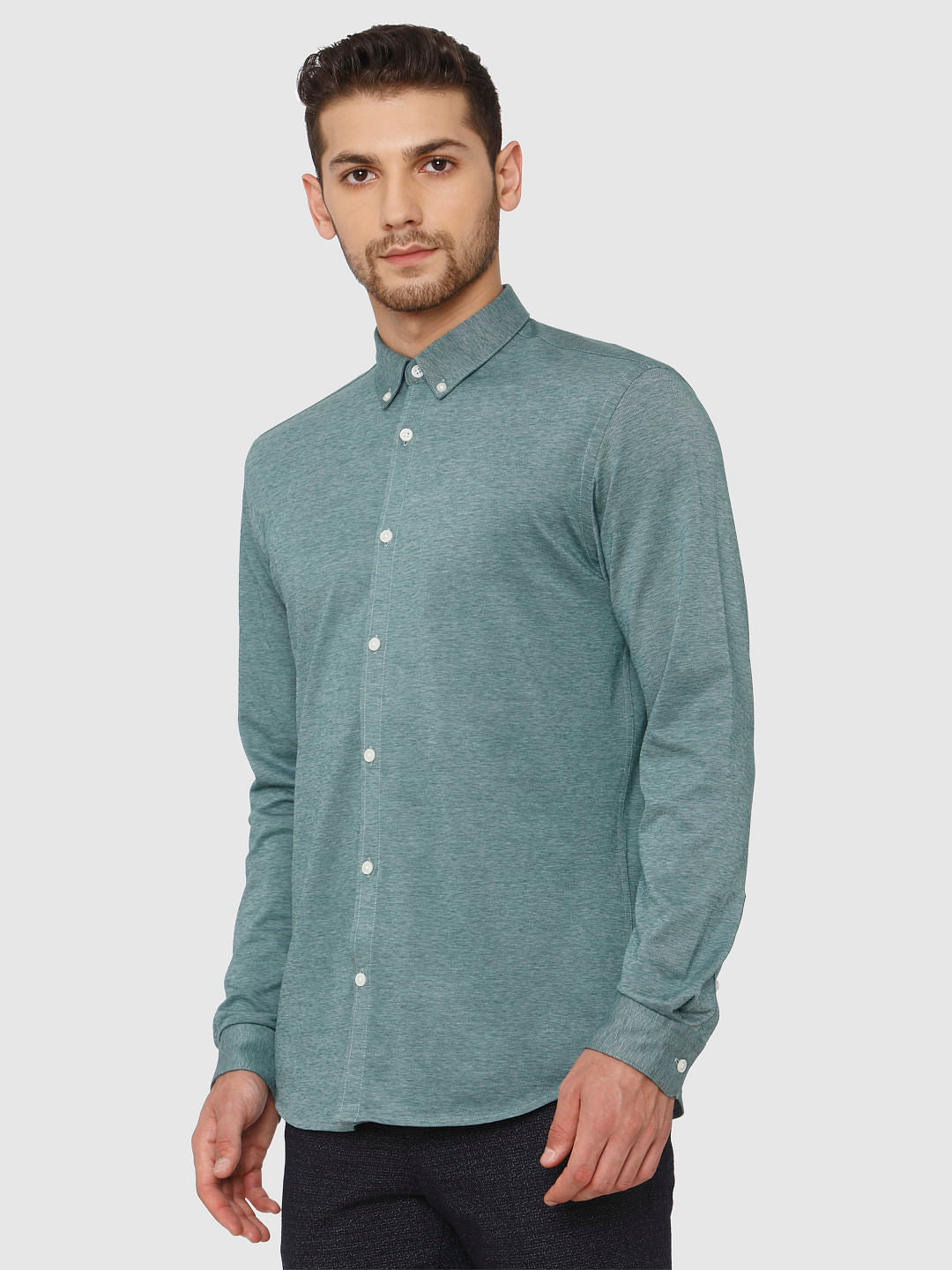 Green Self Design Full Sleeves Shirt