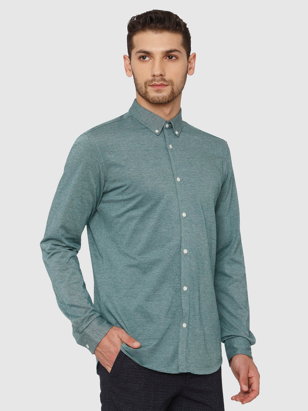 Green Self Design Full Sleeves Shirt