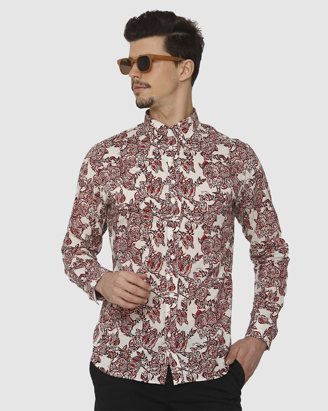 White All Over Floral Print Full Sleeves Shirt