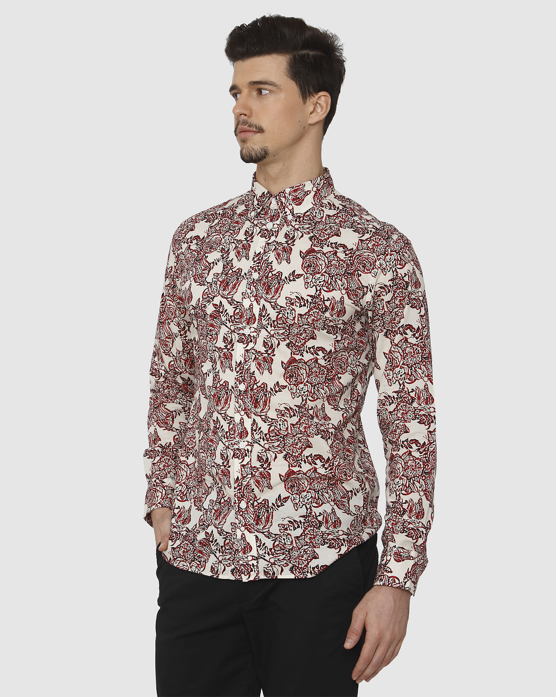 White All Over Floral Print Full Sleeves Shirt