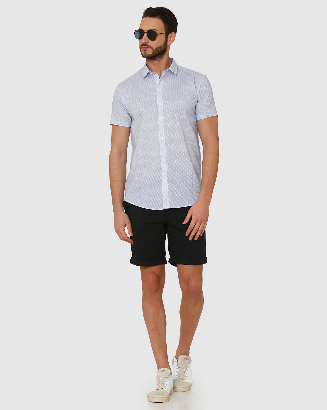 Light Blue Micro Ditsy Print Slim Fit Short Sleeves Shirt