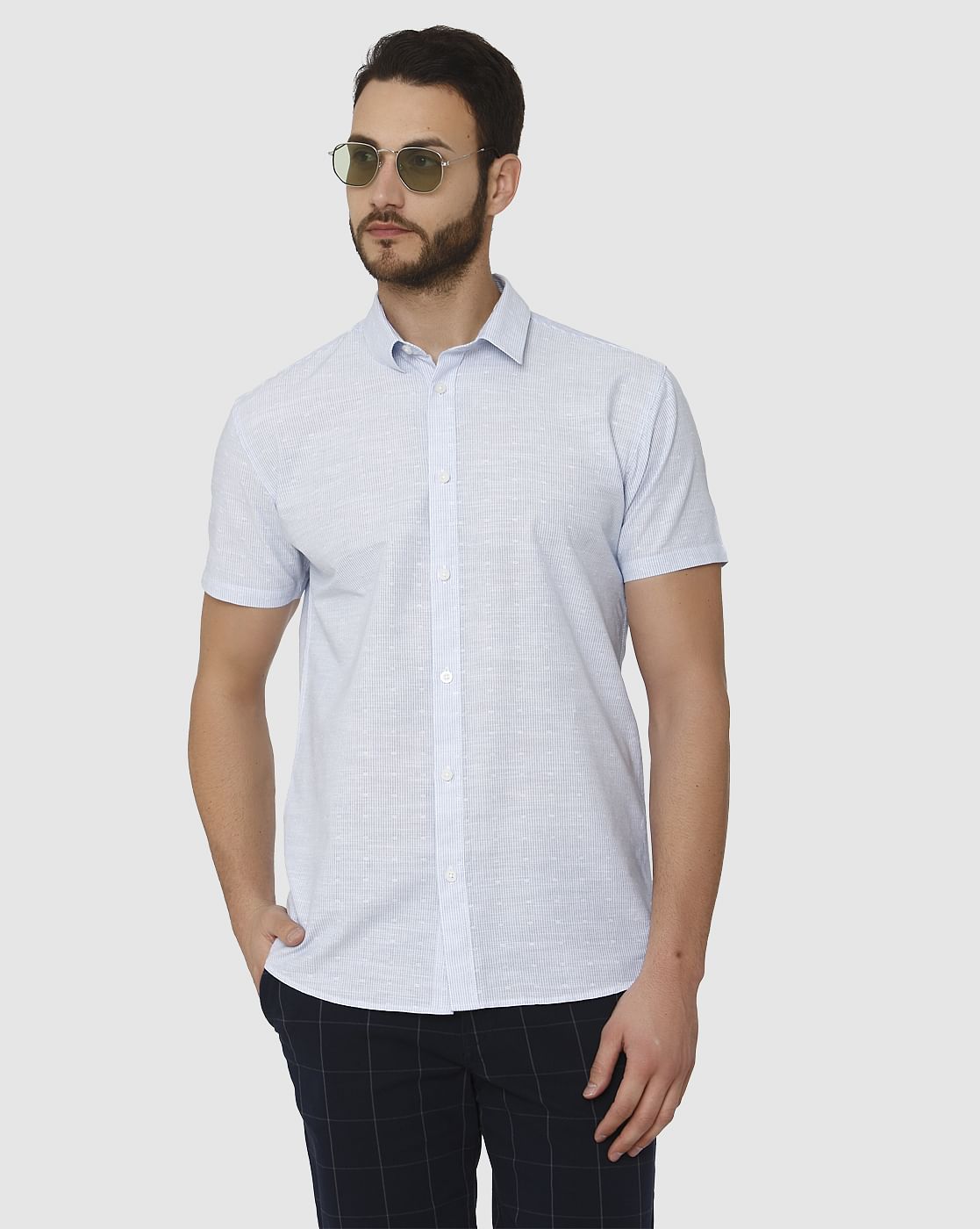 Light Blue Micro Ditsy Print Slim Fit Short Sleeves Shirt
