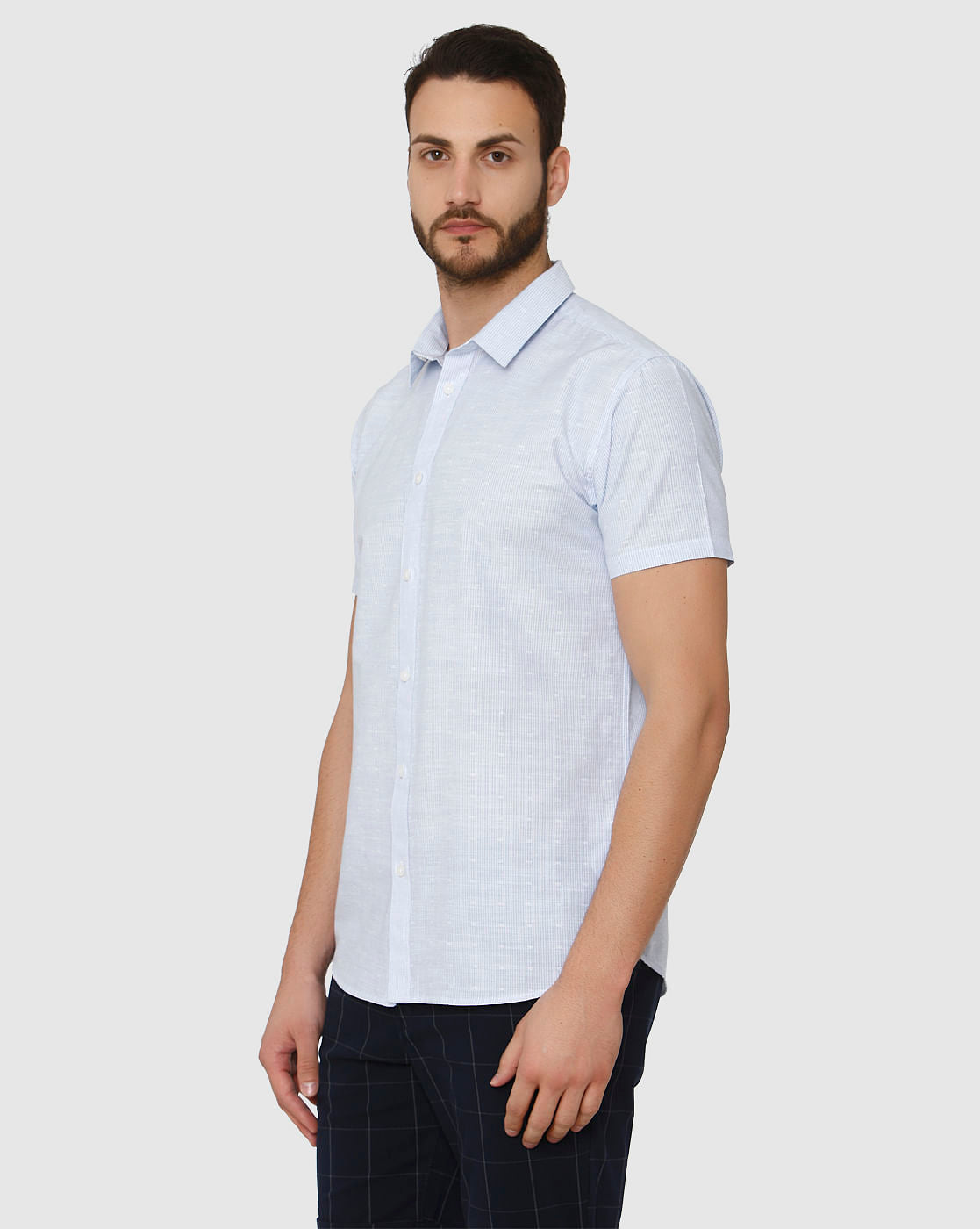 Light Blue Micro Ditsy Print Slim Fit Short Sleeves Shirt