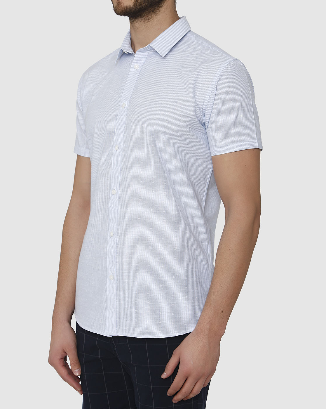Light Blue Micro Ditsy Print Slim Fit Short Sleeves Shirt