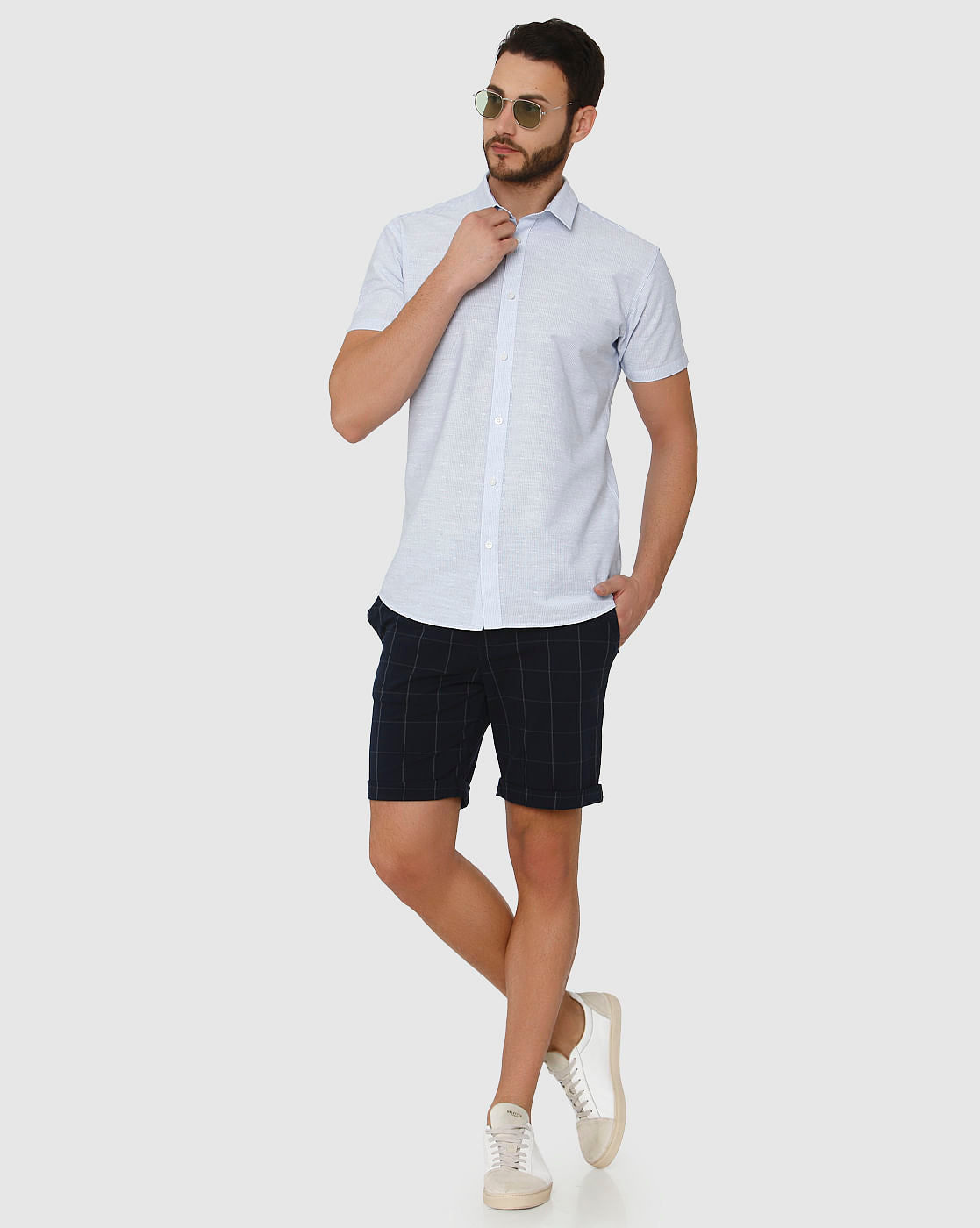 Light Blue Micro Ditsy Print Slim Fit Short Sleeves Shirt