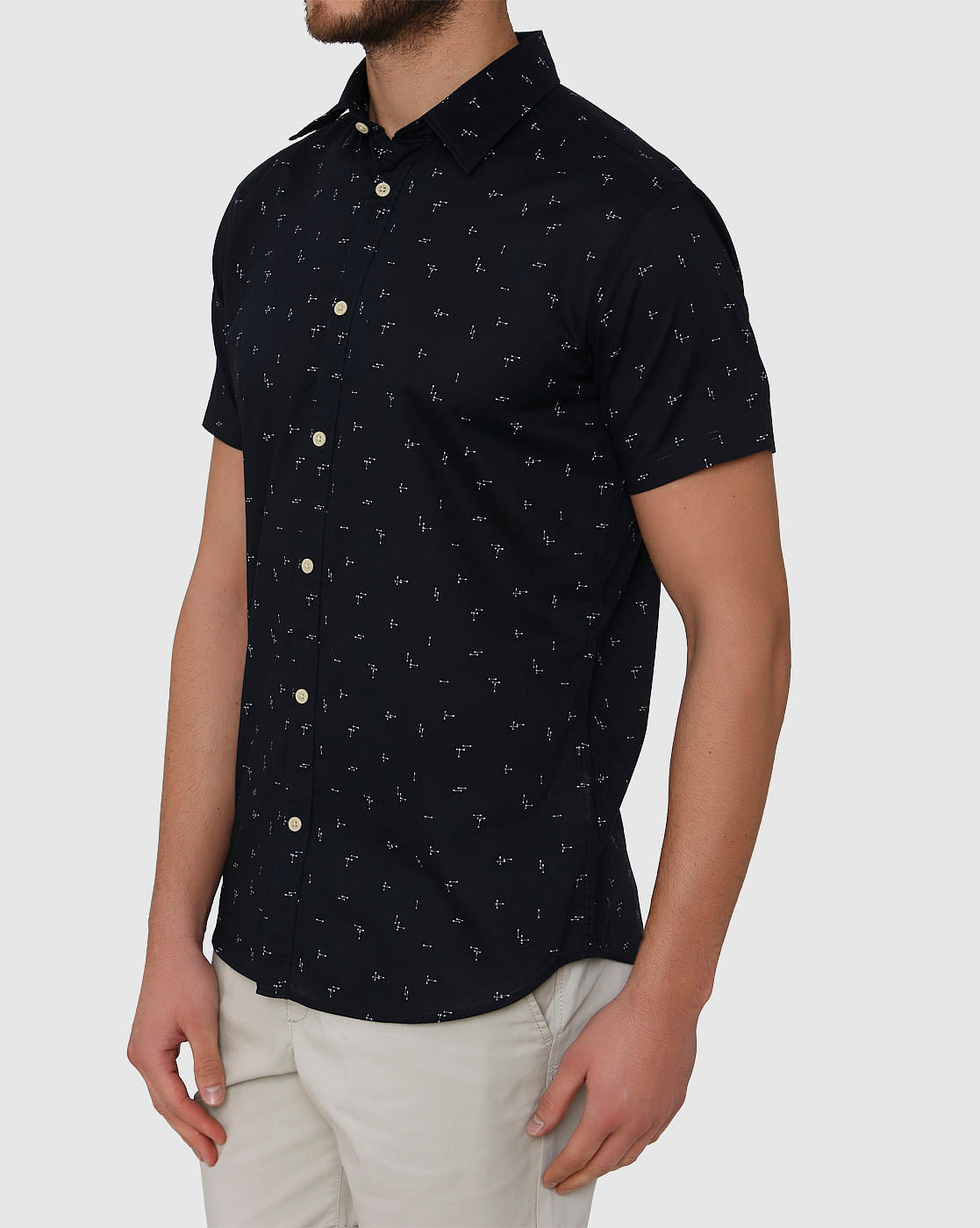 Navy Blue All Over Printed Regular Fit Short Sleeves Shirt