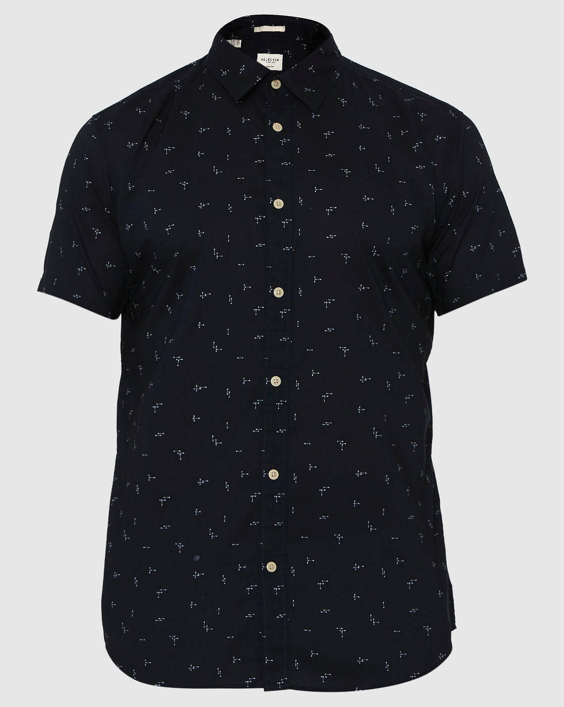 Navy Blue All Over Printed Regular Fit Short Sleeves Shirt