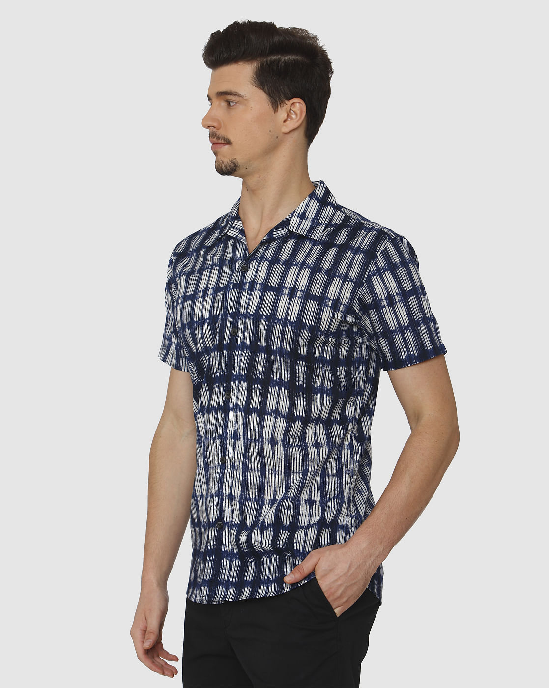 Blue All Over Print Regular Fit Short Sleeves Shirt