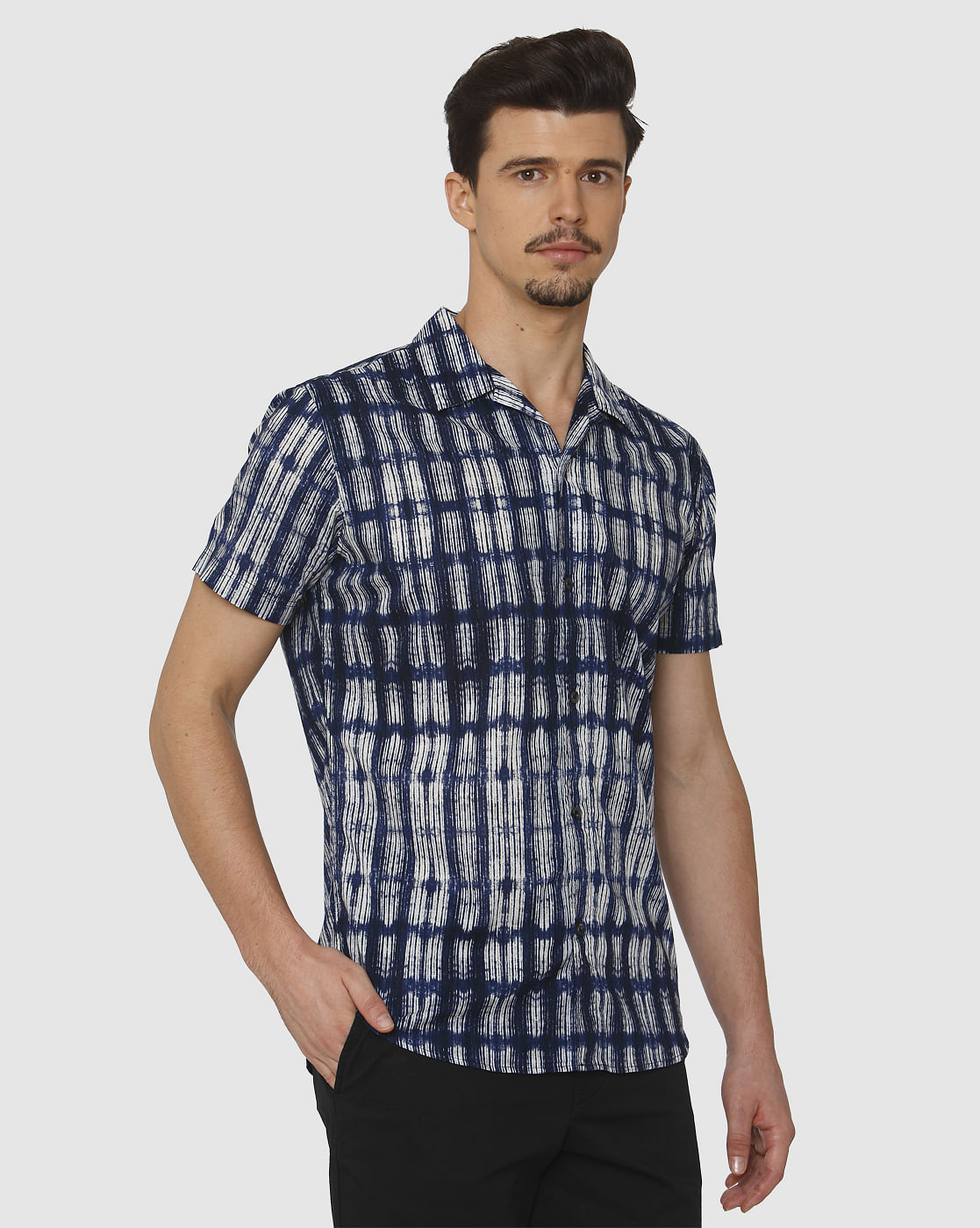Blue All Over Print Regular Fit Short Sleeves Shirt
