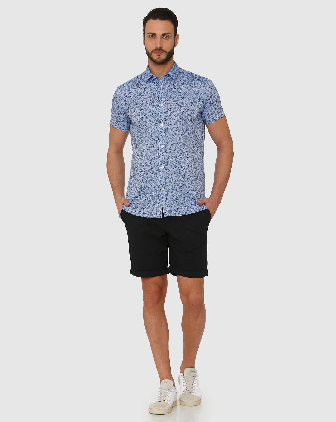 Blue All Over Floral Print Slim Fit Short Sleeves Shirt