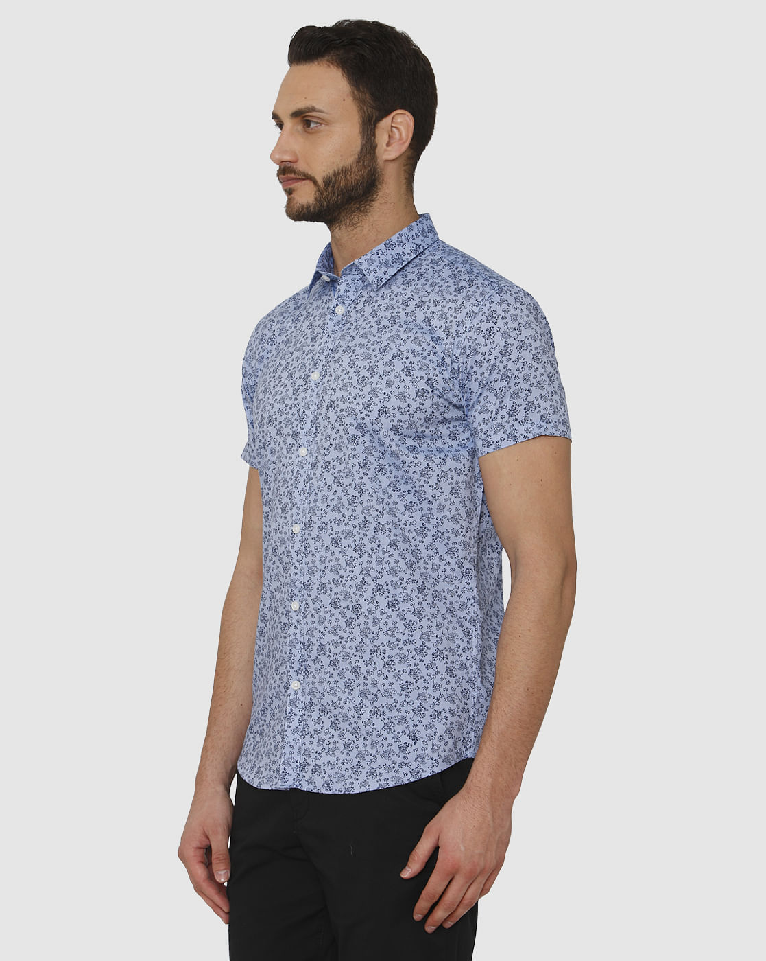 Blue All Over Floral Print Slim Fit Short Sleeves Shirt