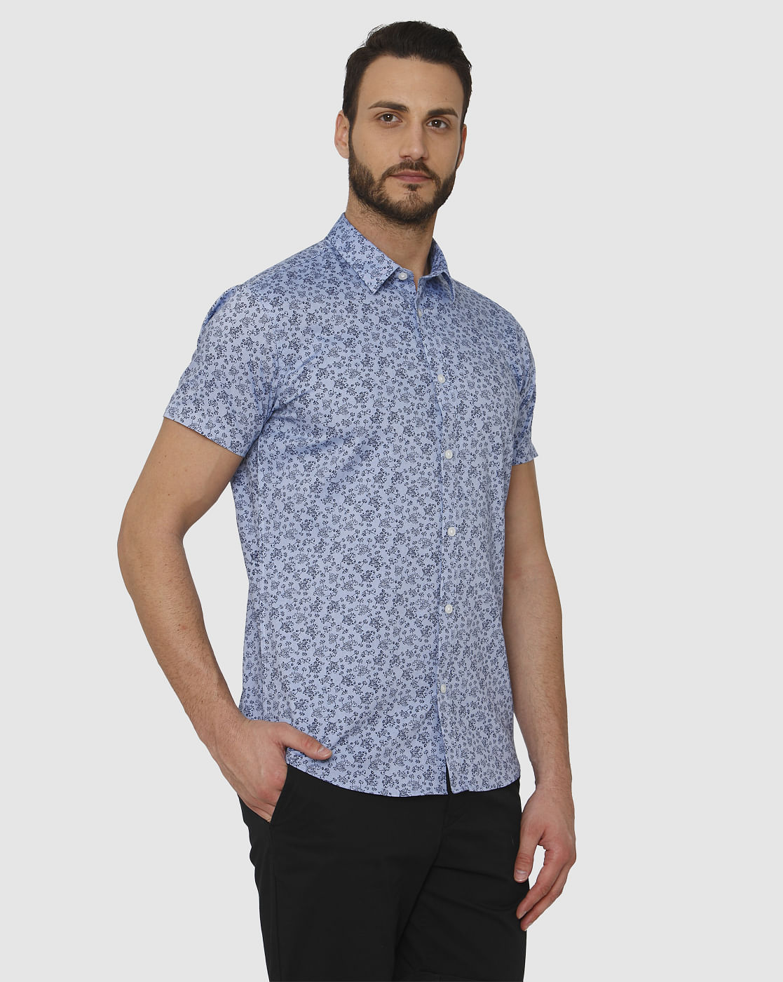 Blue All Over Floral Print Slim Fit Short Sleeves Shirt