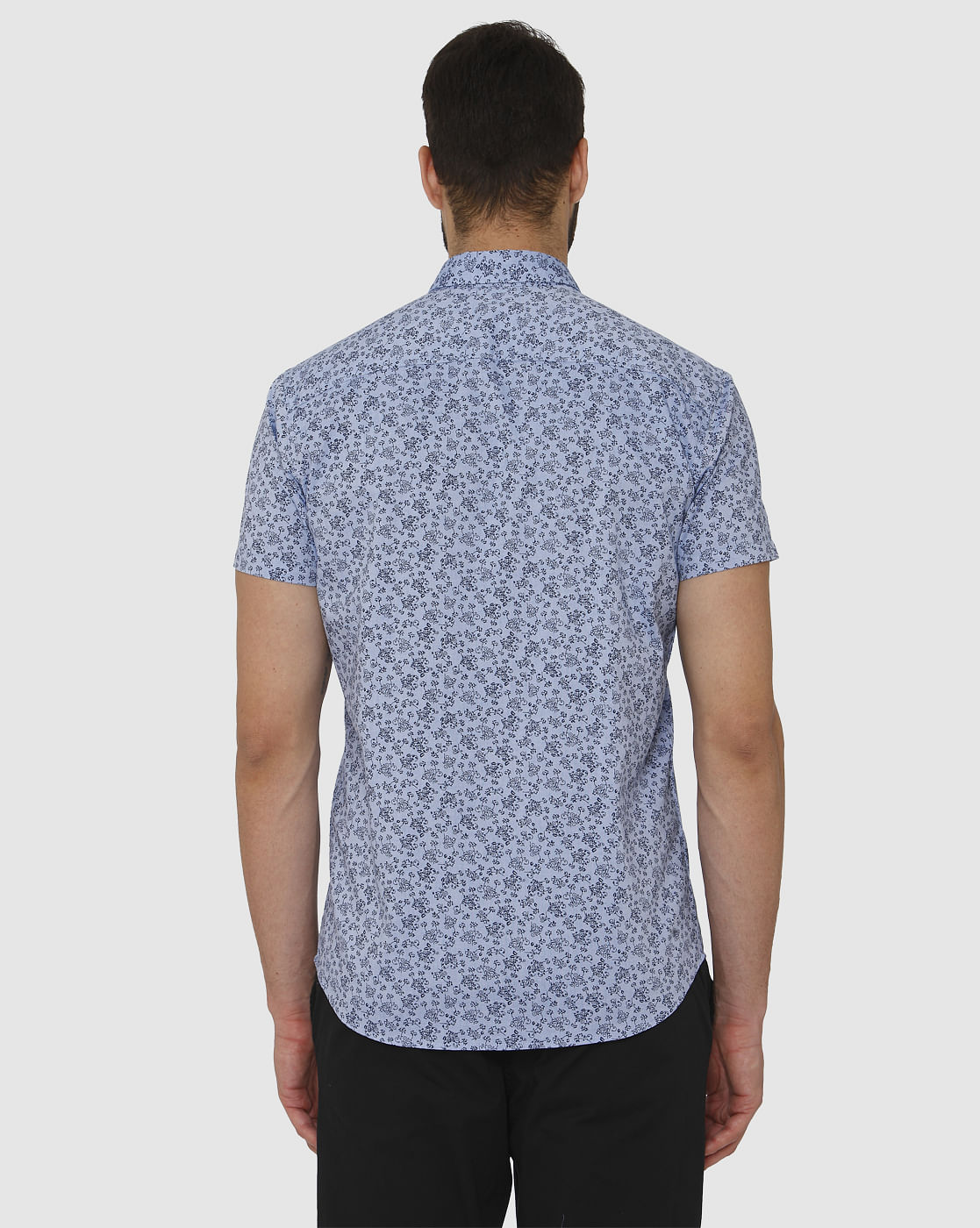 Blue All Over Floral Print Slim Fit Short Sleeves Shirt