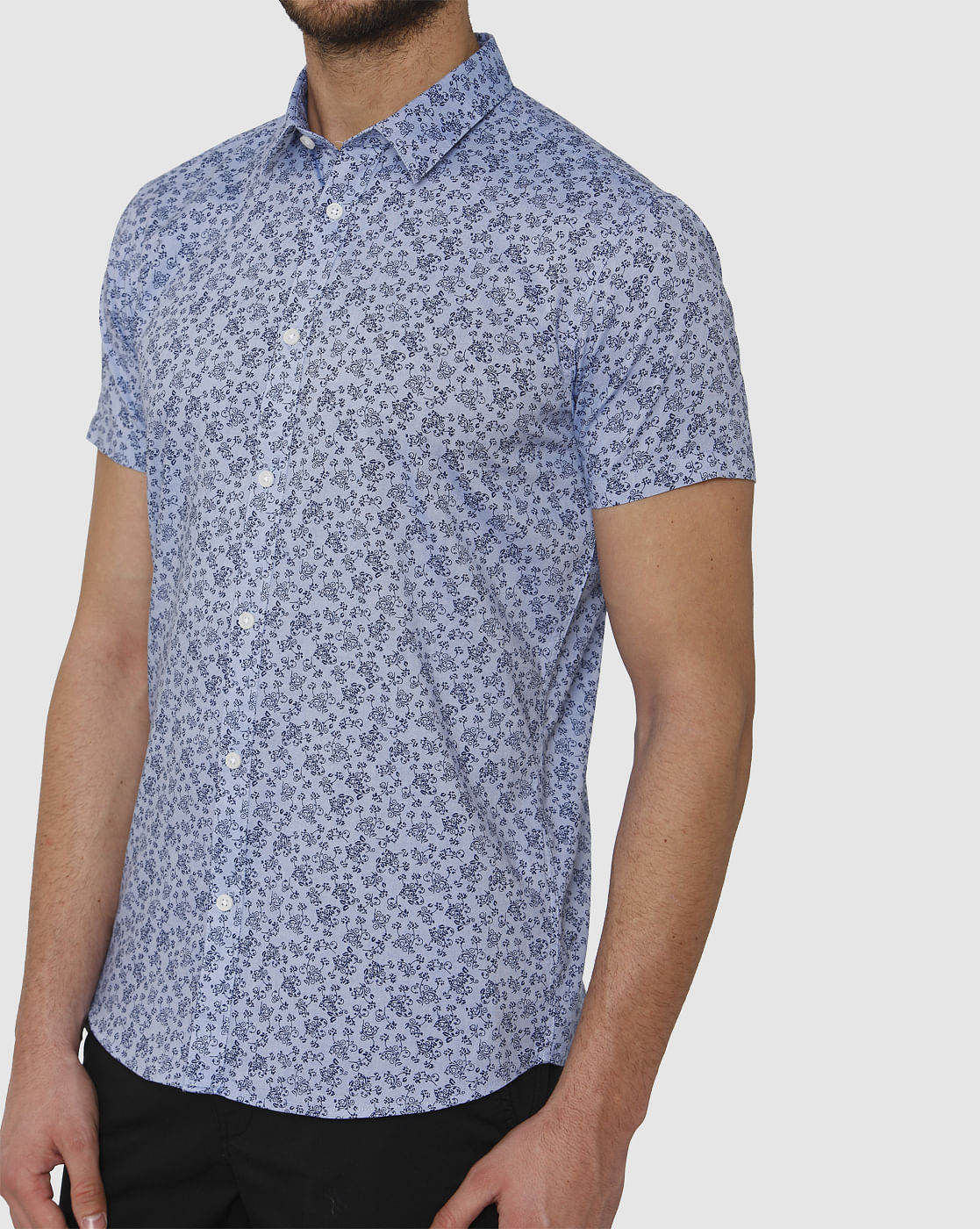 Blue All Over Floral Print Slim Fit Short Sleeves Shirt